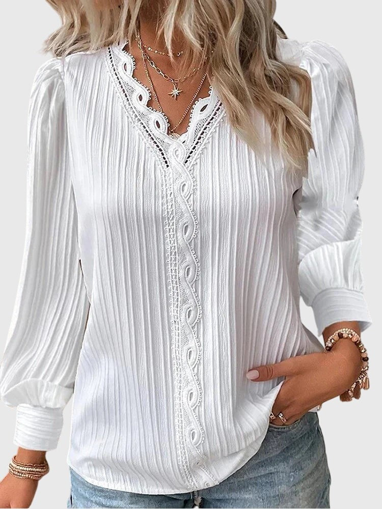 White lace-trim pullover blouse