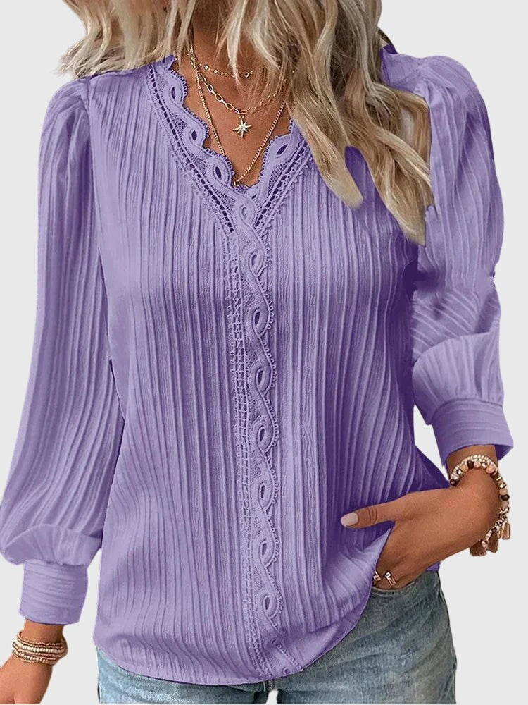 Purple lace-trim pullover blouse