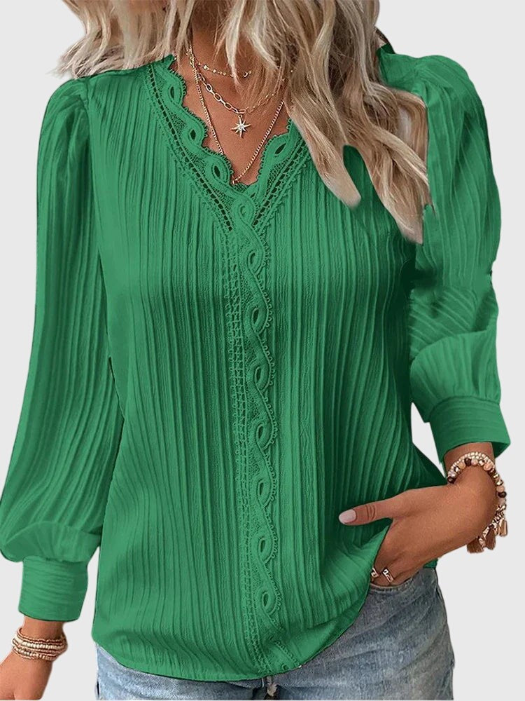 Green lace-trim pullover blouse