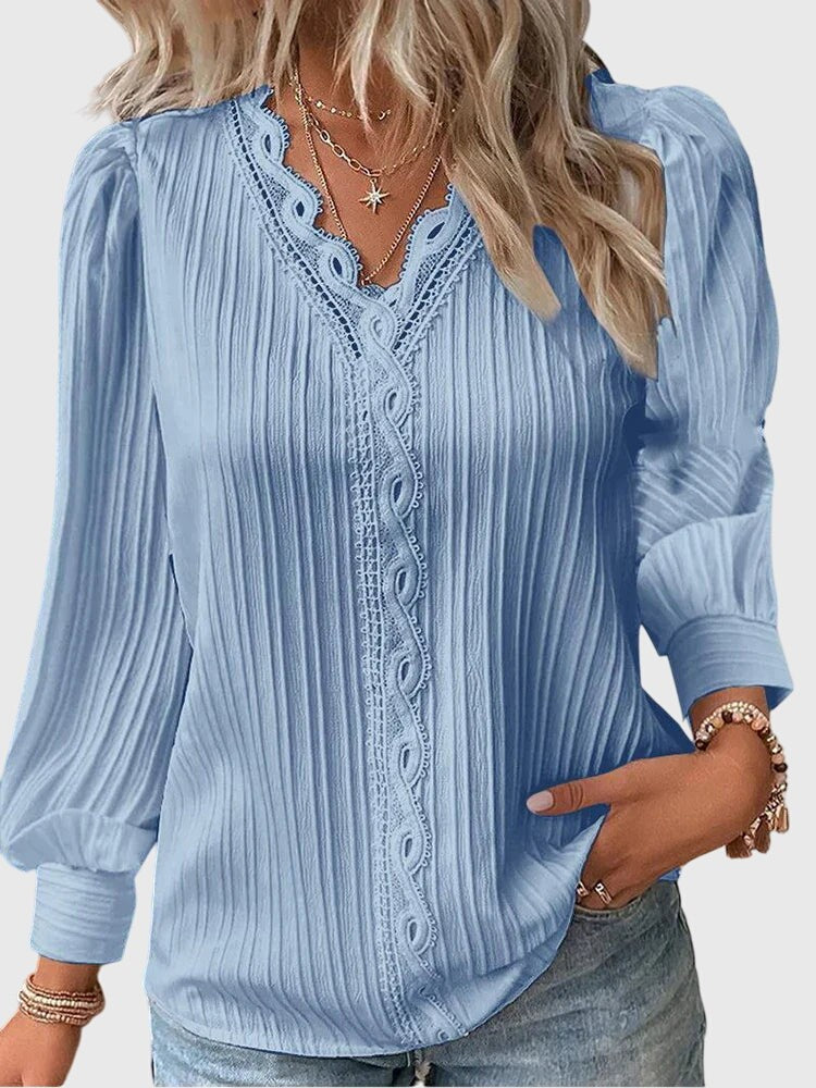 Blue lace-trim pullover blouse