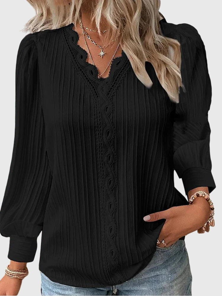 Black lace-trim pullover blouse