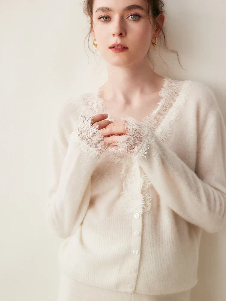 Lace-trim v-neck cardigan
