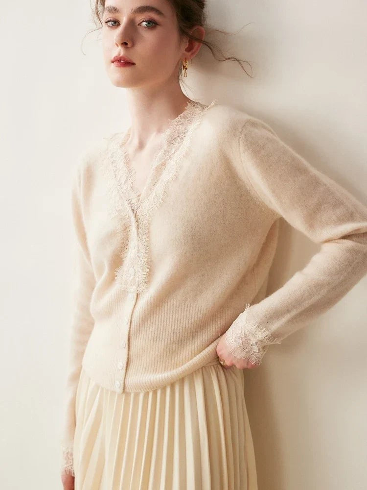 Lace-trim v-neck cardigan