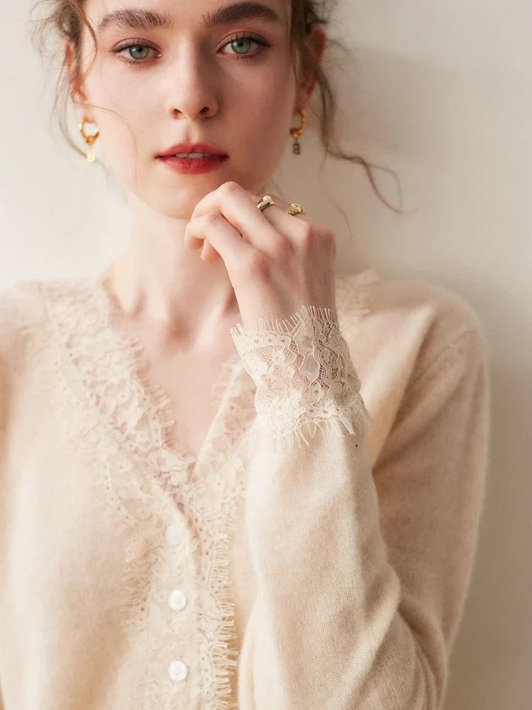 Lace-trim v-neck cardigan