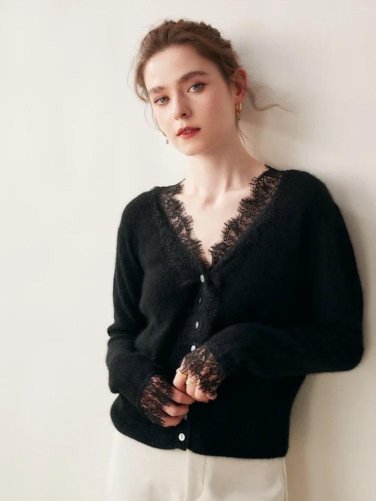 Lace-trim v-neck cardigan