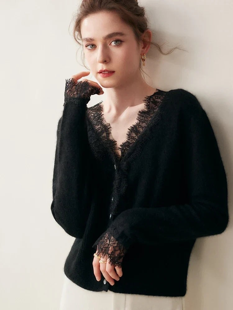 Lace-trim v-neck cardigan