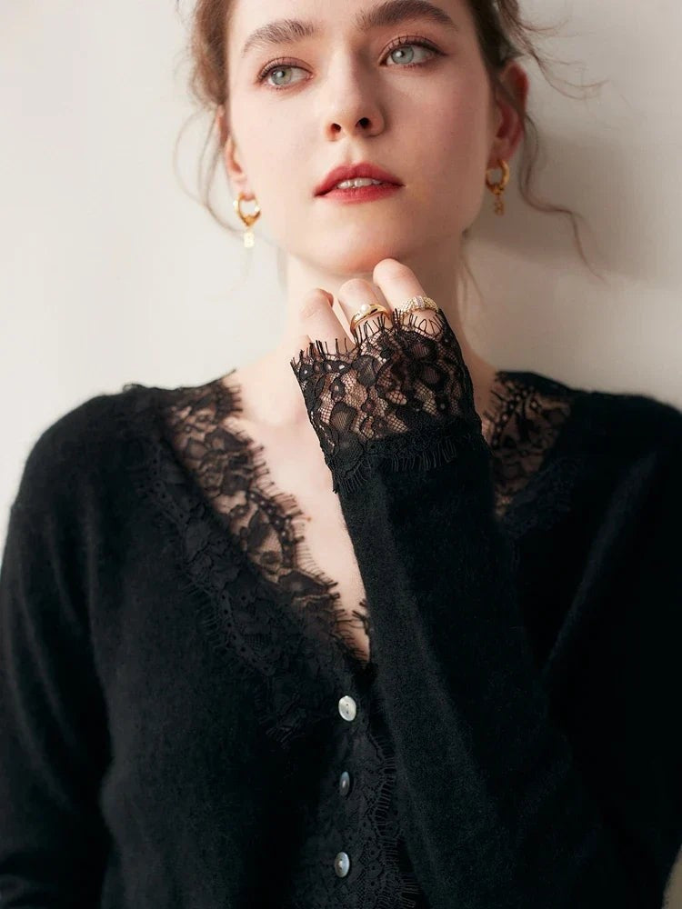 Lace-trim v-neck cardigan