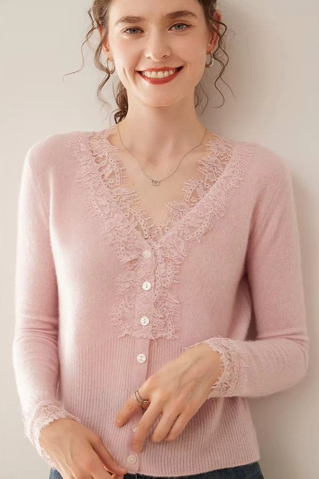 Lace-trim v-neck cardigan