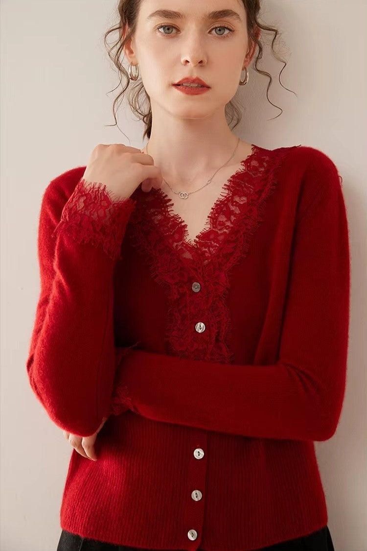 Red lace-trim v-neck cardigan