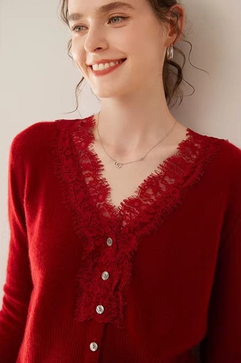 Lace-trim v-neck cardigan