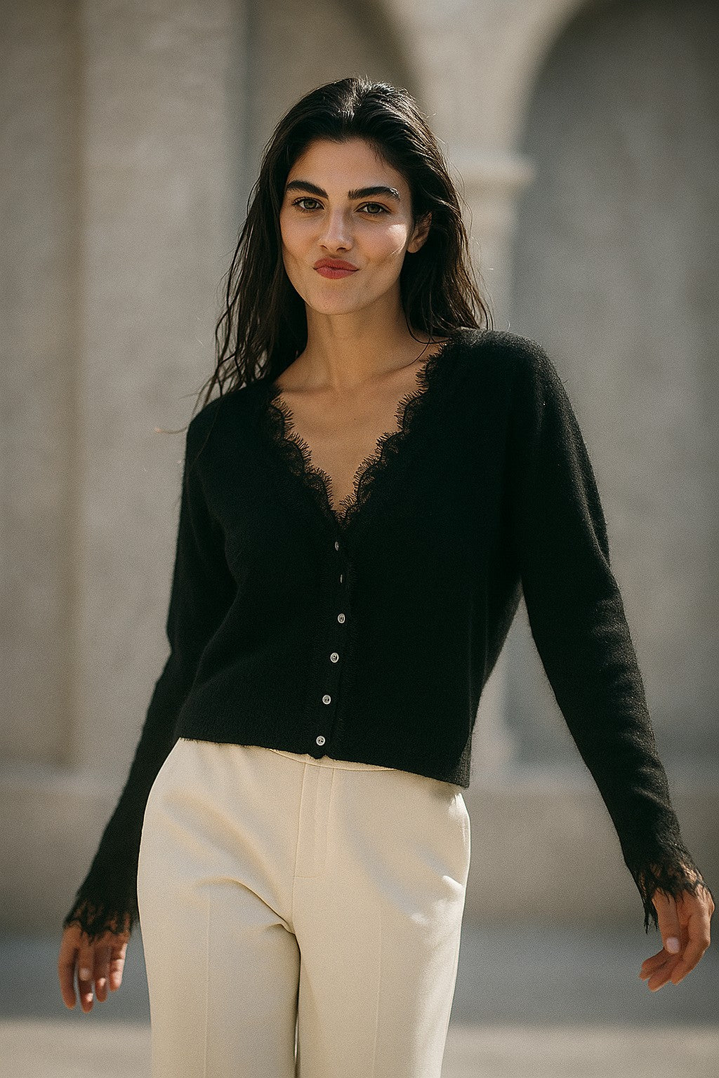 Black lace-trim v-neck cardigan