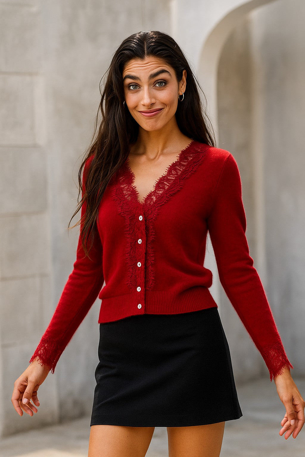 Lace-trim v-neck cardigan