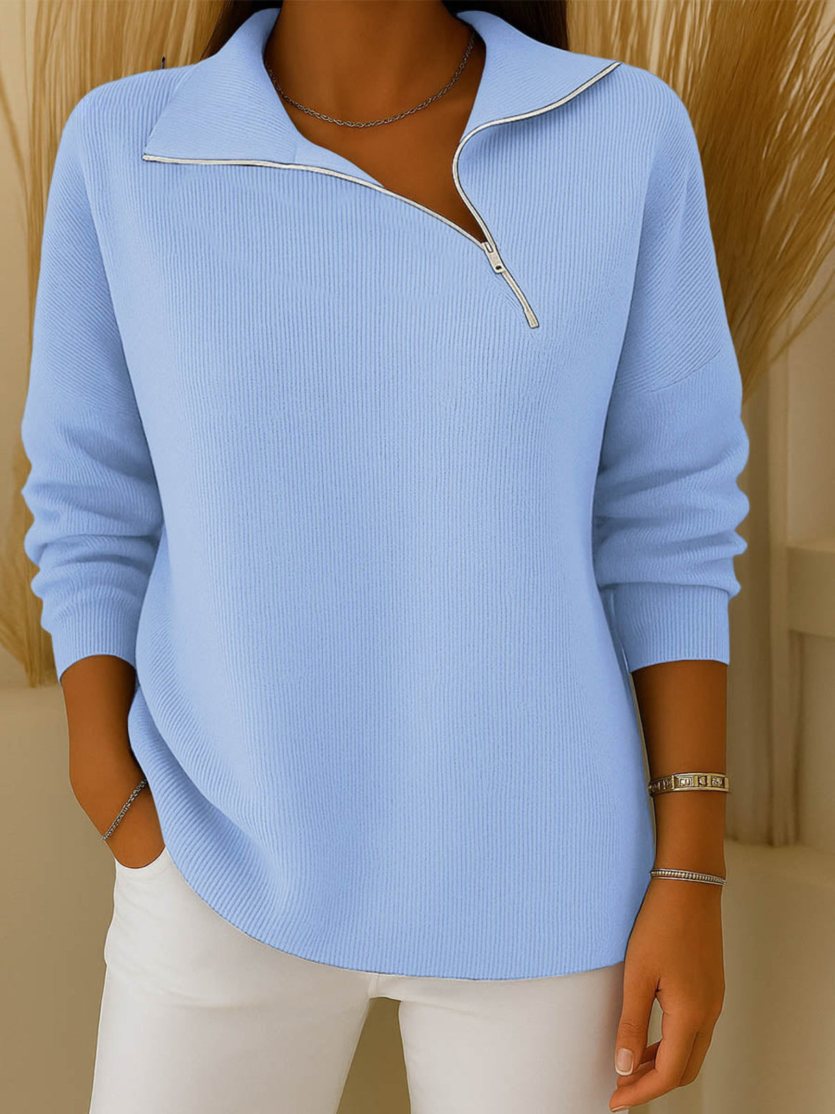 Blue lapel collar zip neck jumper