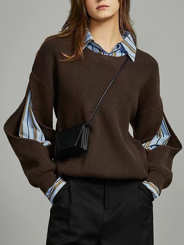 Dark Brown layered shirt crew neck jumper