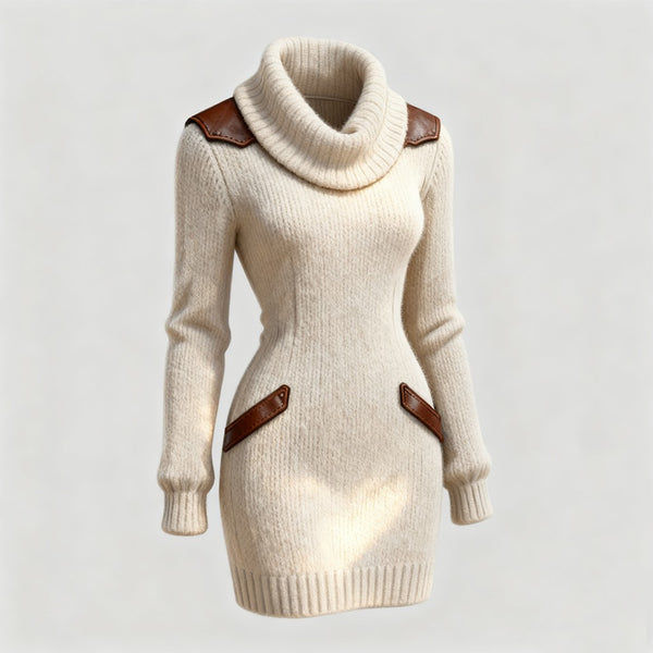 Leather-trim cowl neck jumper dress