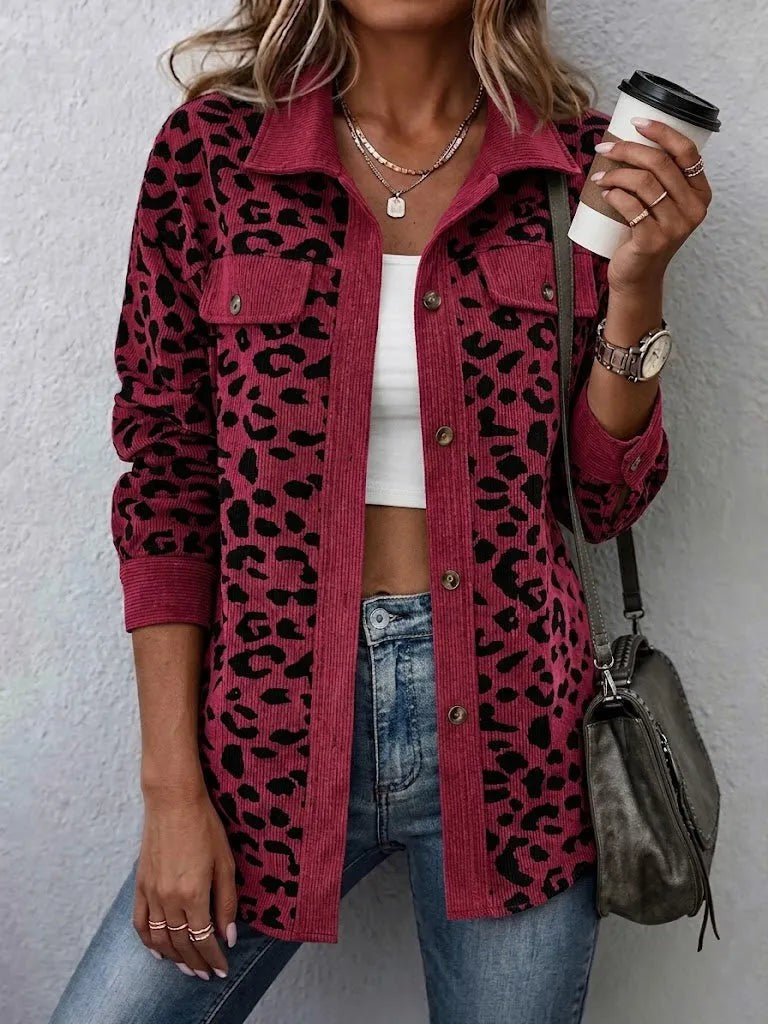 Red leopard print corduroy shacket