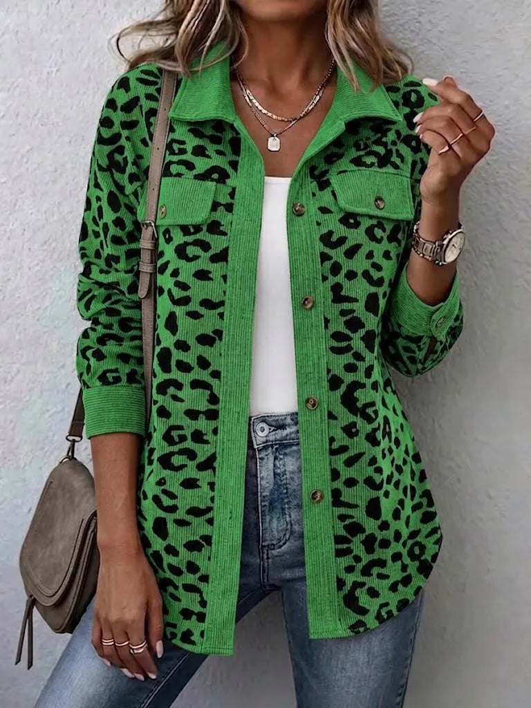 Grass Green leopard print corduroy shacket