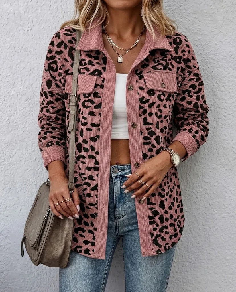 Pink leopard print corduroy shacket