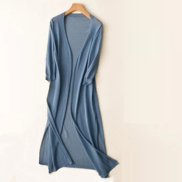 Blue longline open knit cardigan
