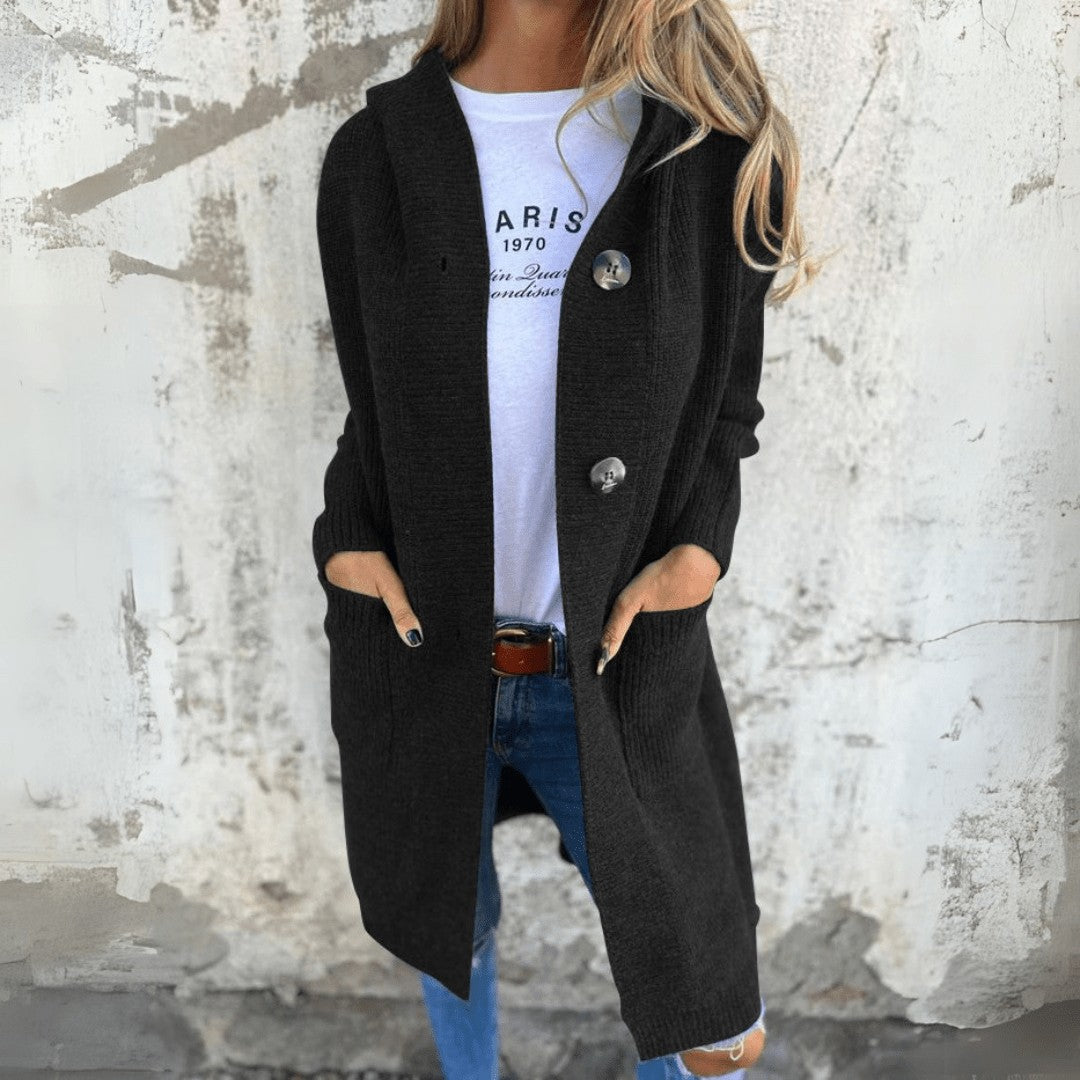 Black longline ribbed button cardigan
