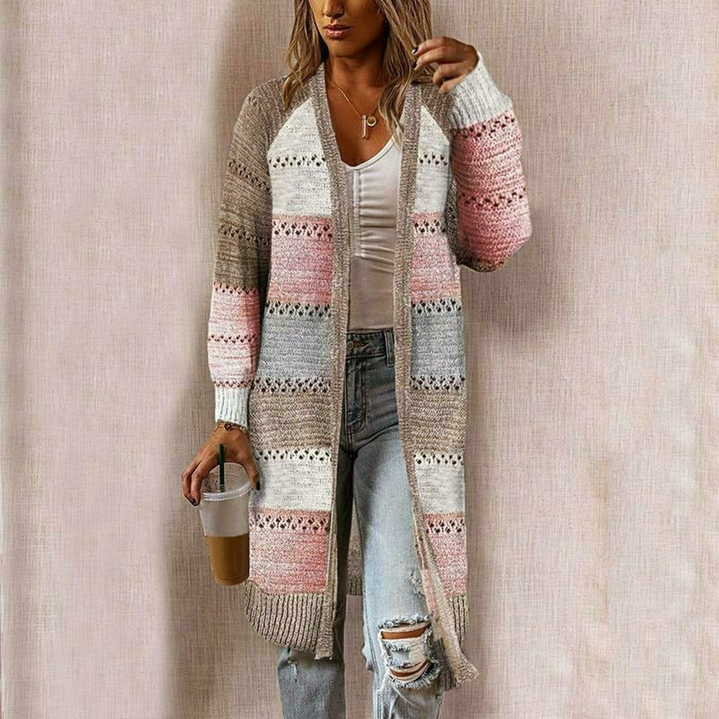 Khaki longline striped open-front cardigan