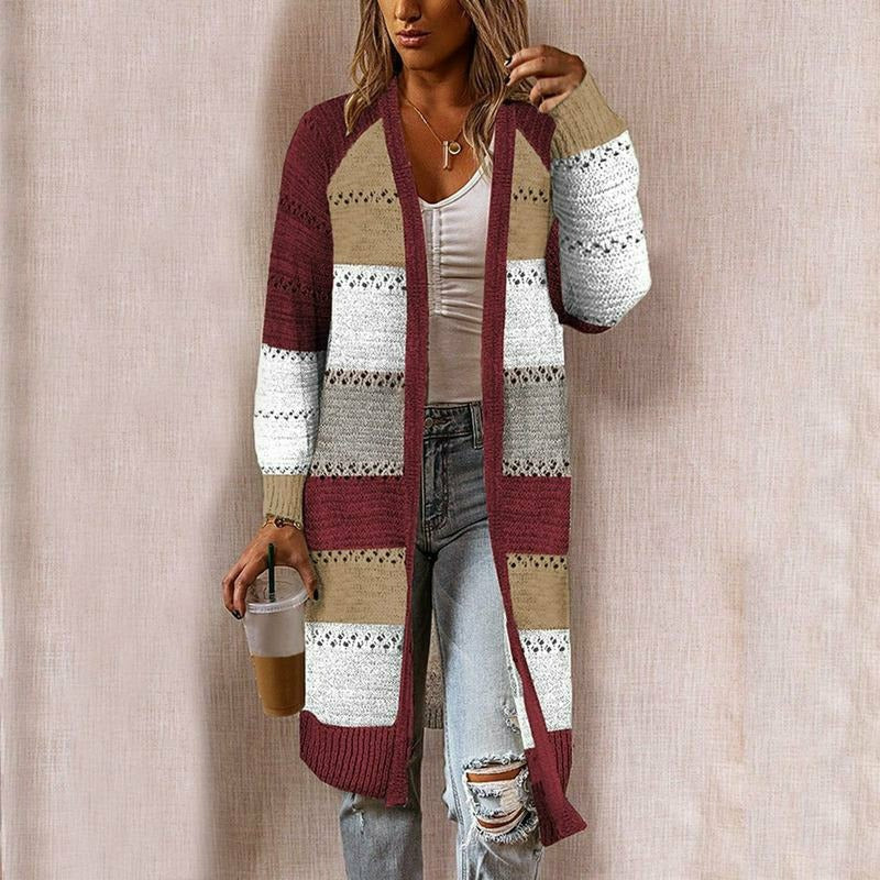 Burgundy longline striped open-front cardigan