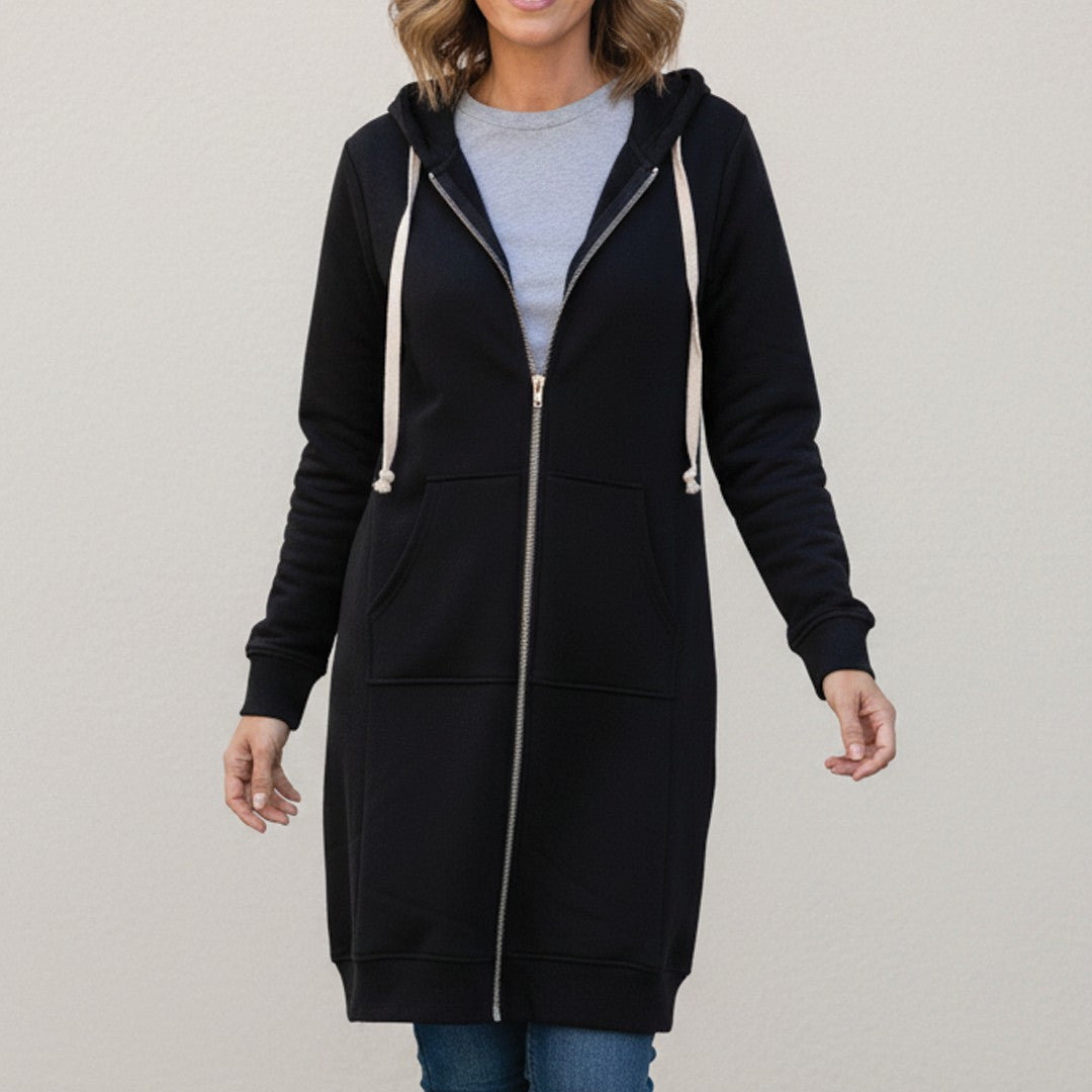 Black longline zip-up hooded jacket