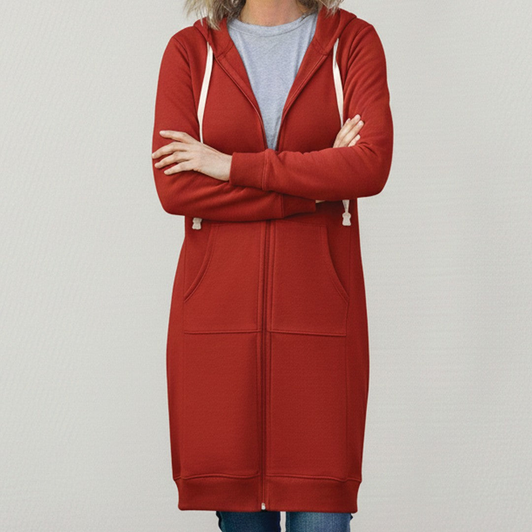 Red longline zip-up hooded jacket