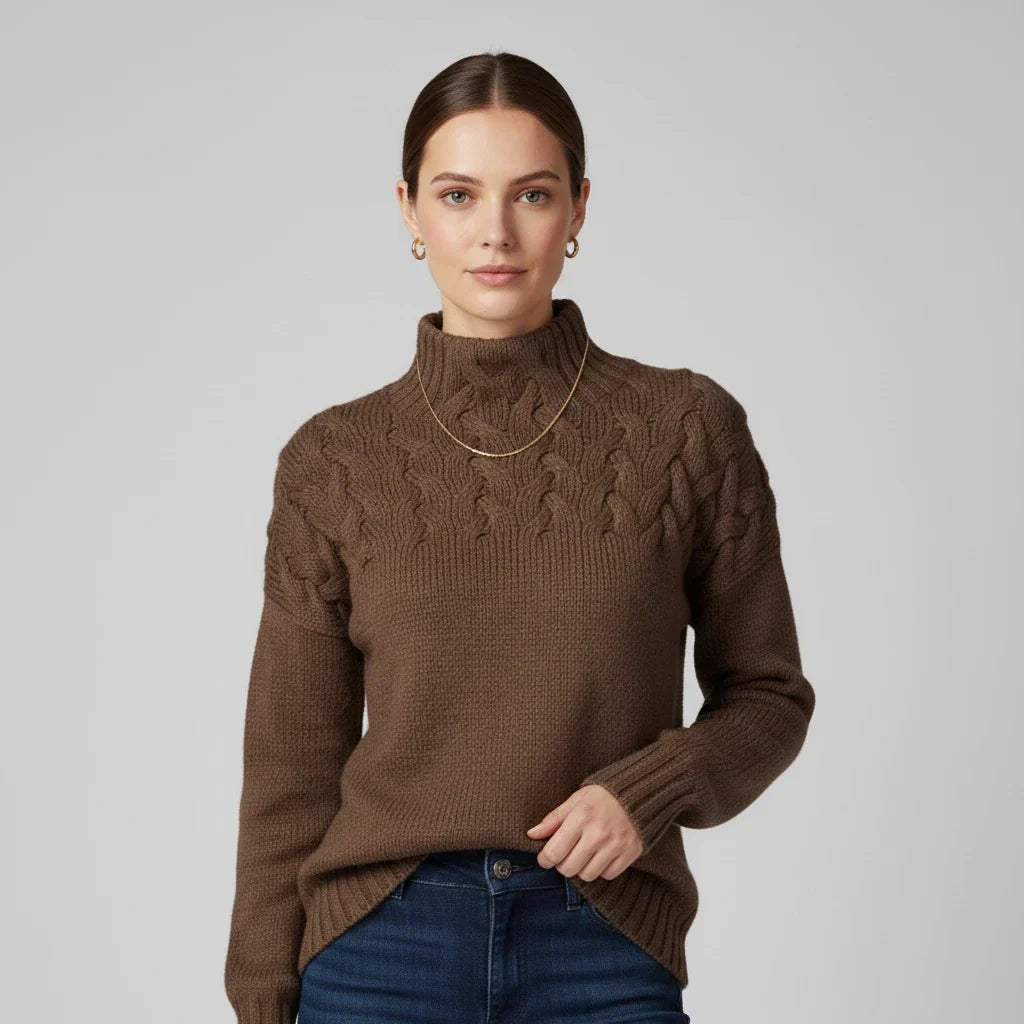 Brown merino cable roll neck jumper