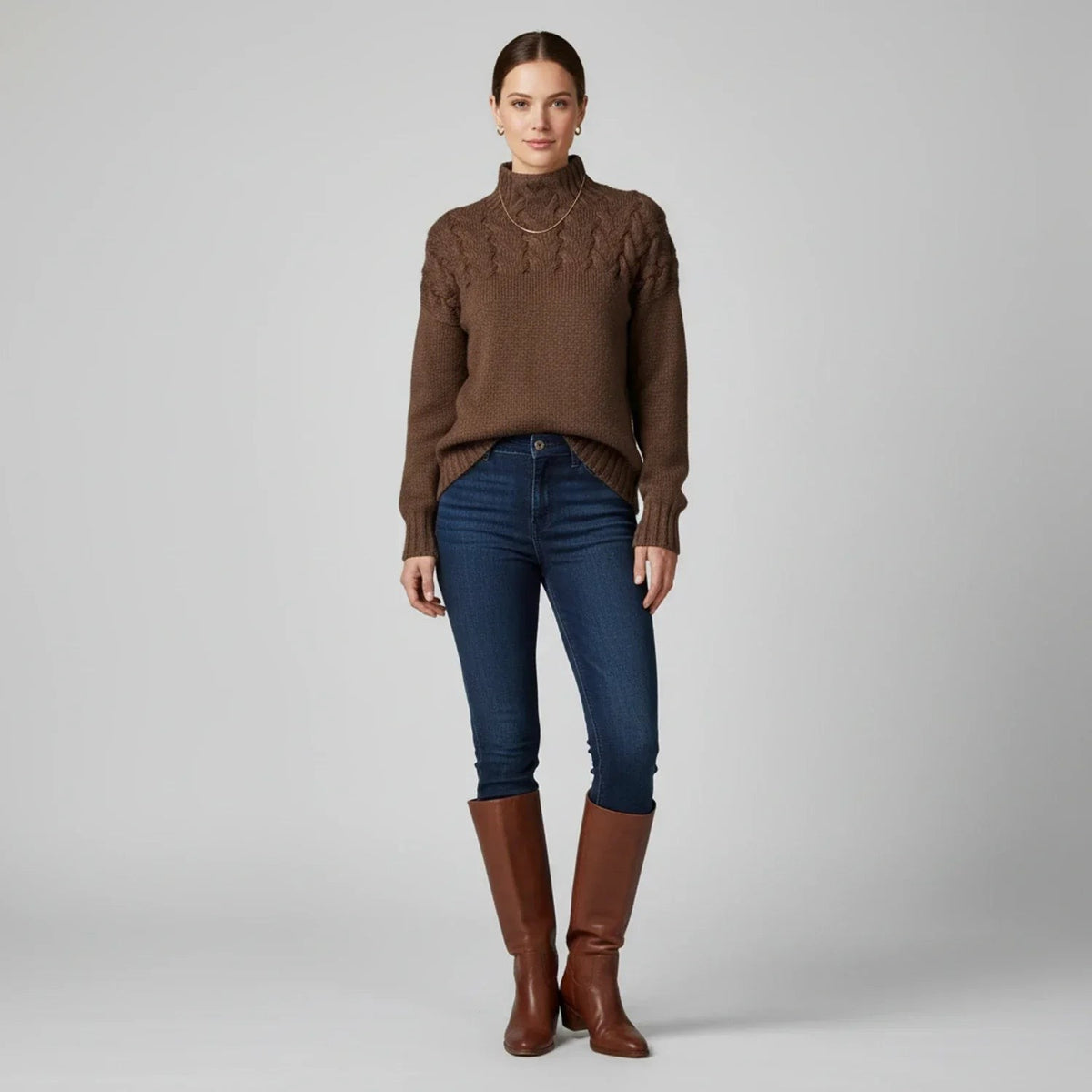 Merino cable roll neck jumper