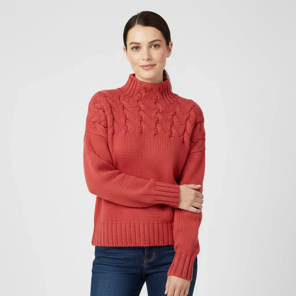 Red merino cable roll neck jumper