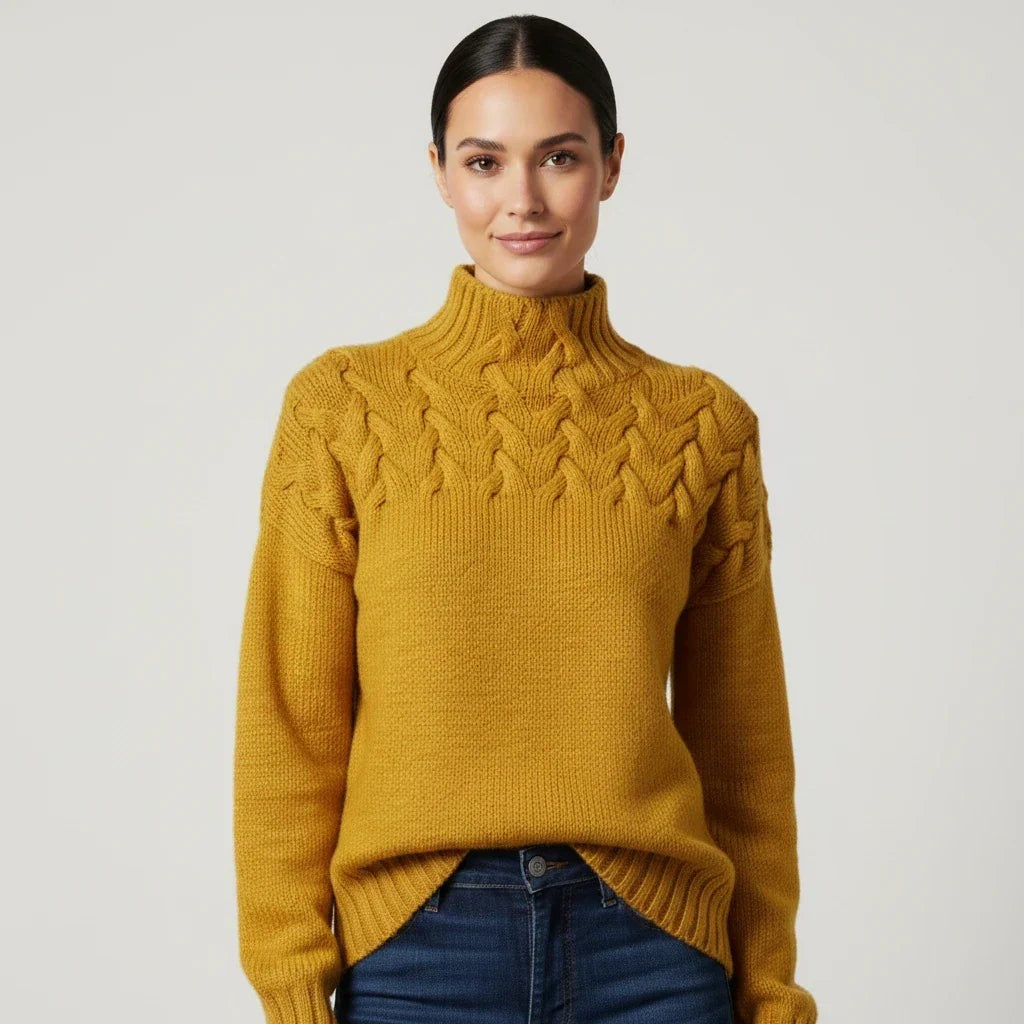 Yellow merino cable roll neck jumper