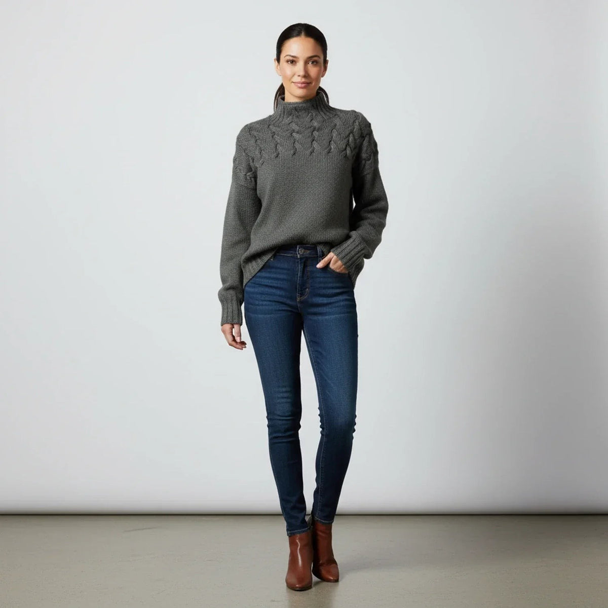 Merino cable roll neck jumper