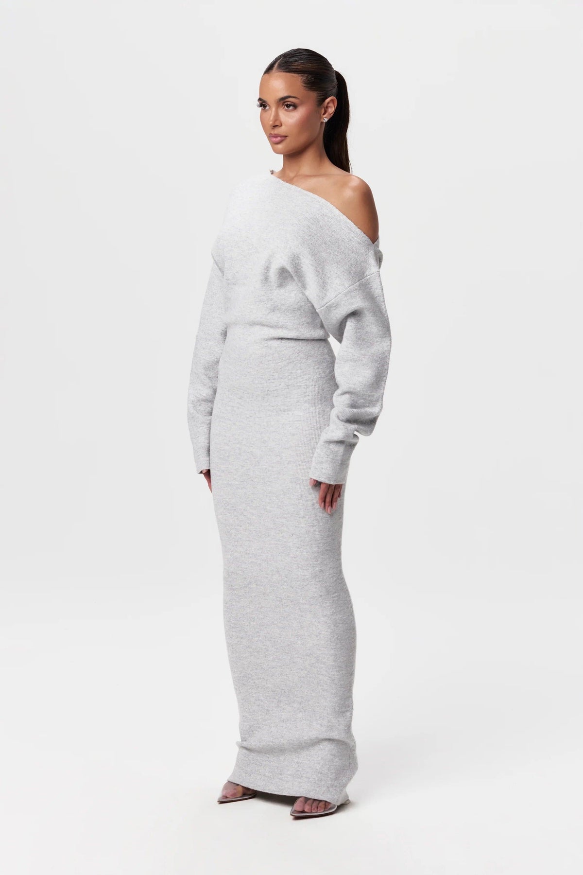 Gray merino off-shoulder maxi dress