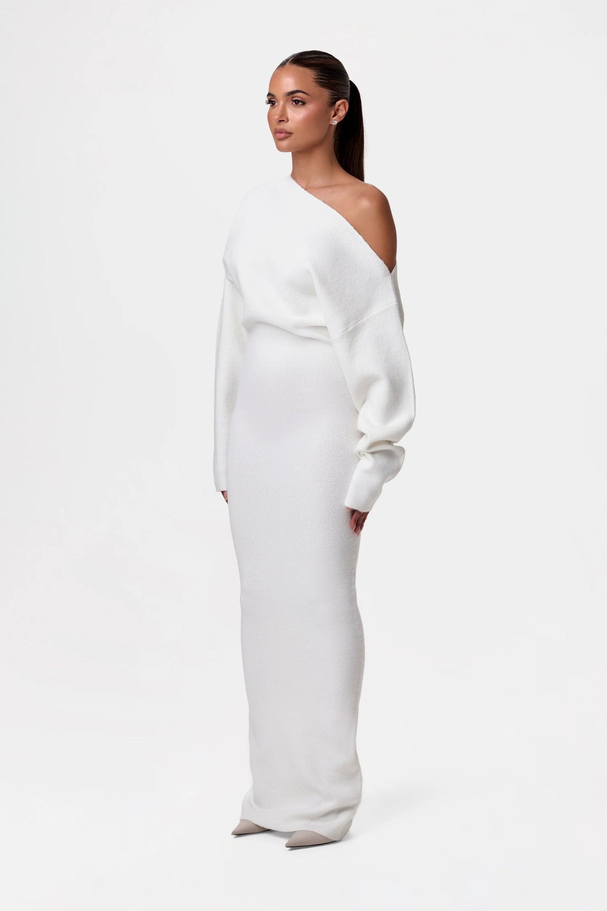 White merino off-shoulder maxi dress