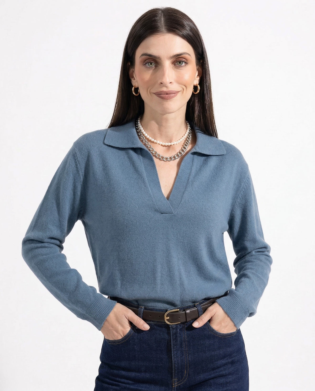 Merino wool collared knit polo top