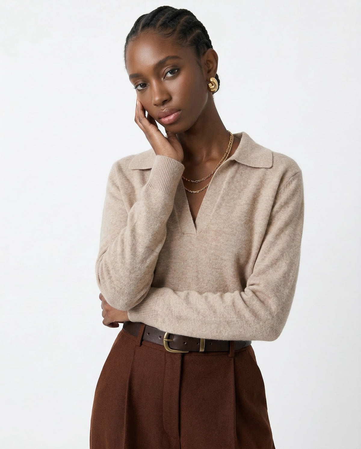 Khaki merino wool collared knit polo top