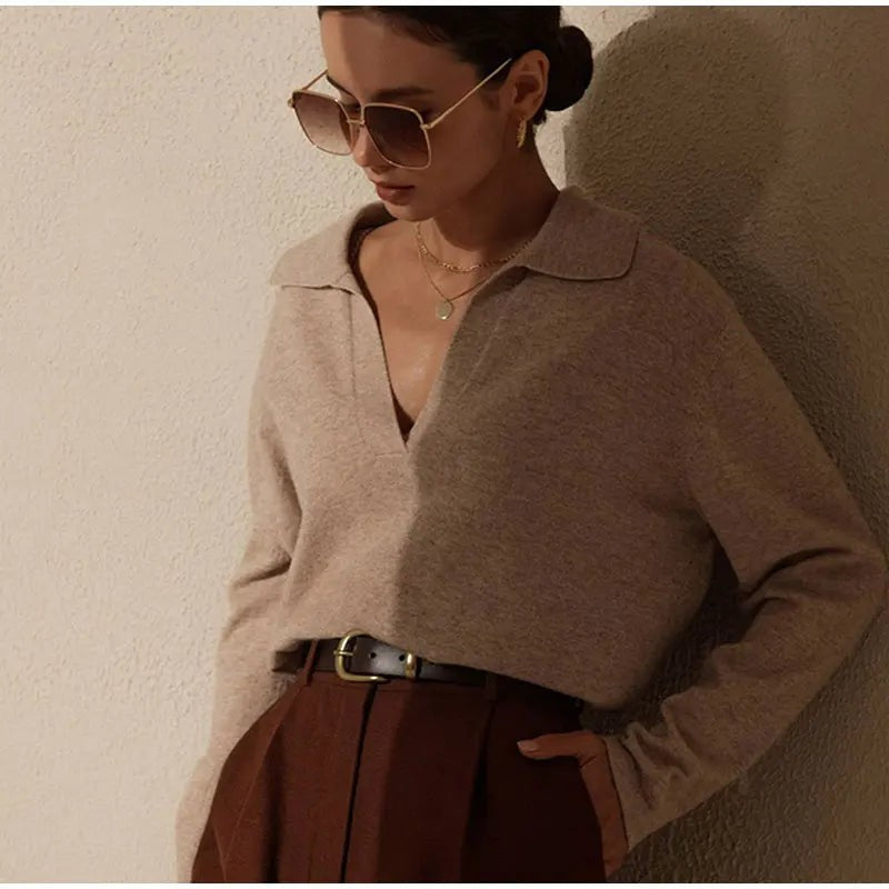 Merino wool collared knit polo top