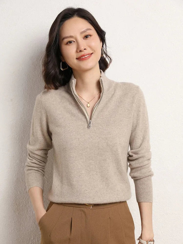 Beige merino wool half zip jumper