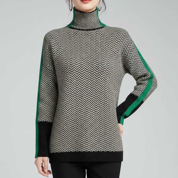Green merino wool herringbone roll neck jumper