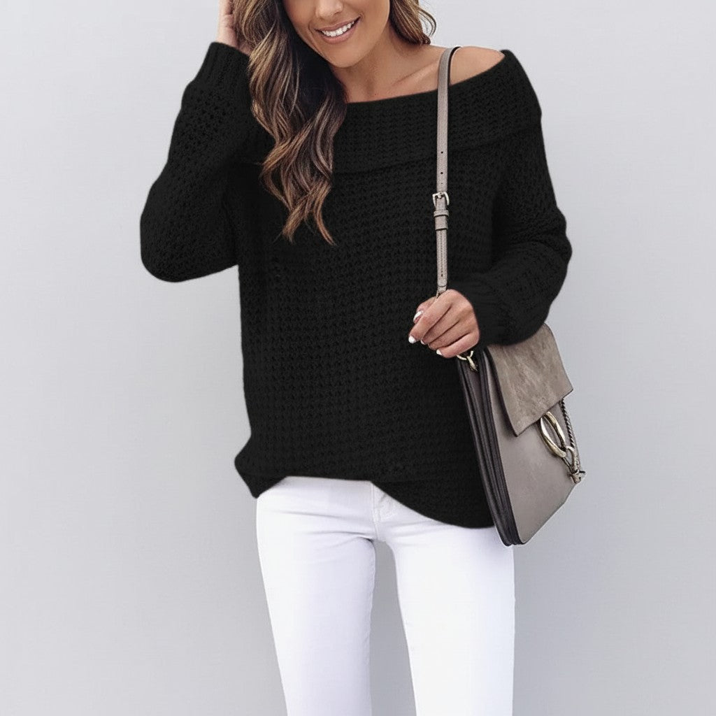 Black merino wool off-shoulder jumper