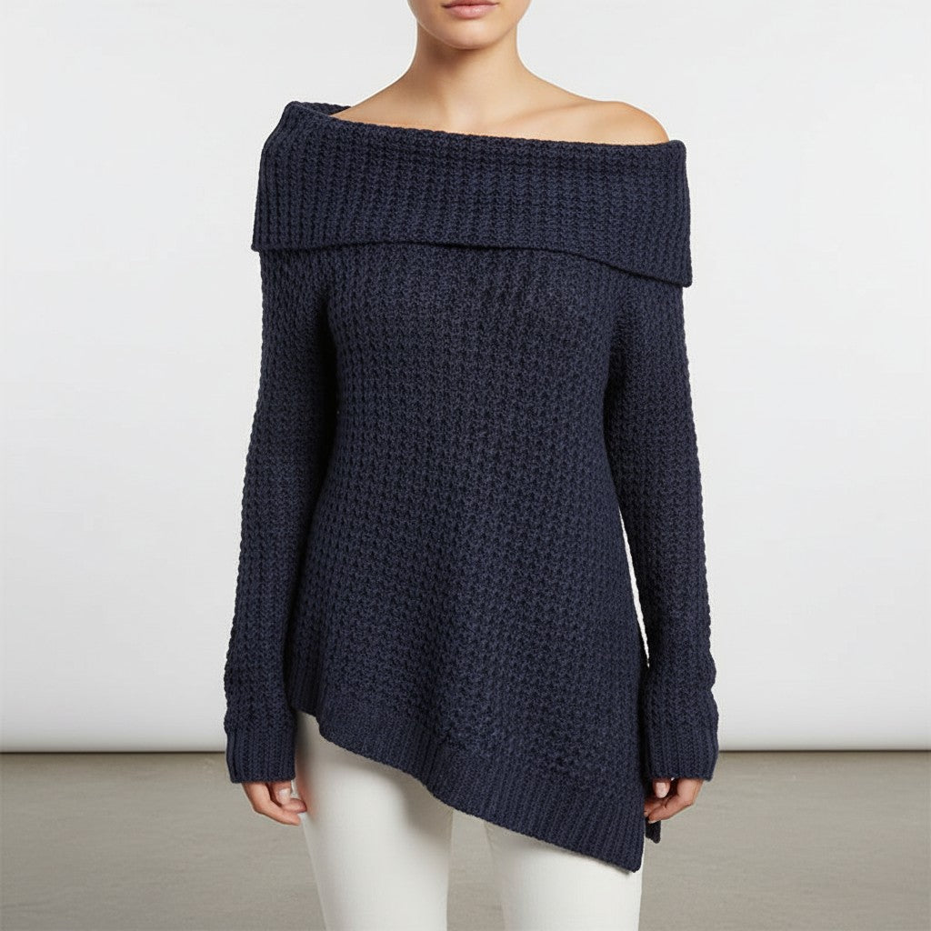 Dark blue merino wool off-shoulder jumper