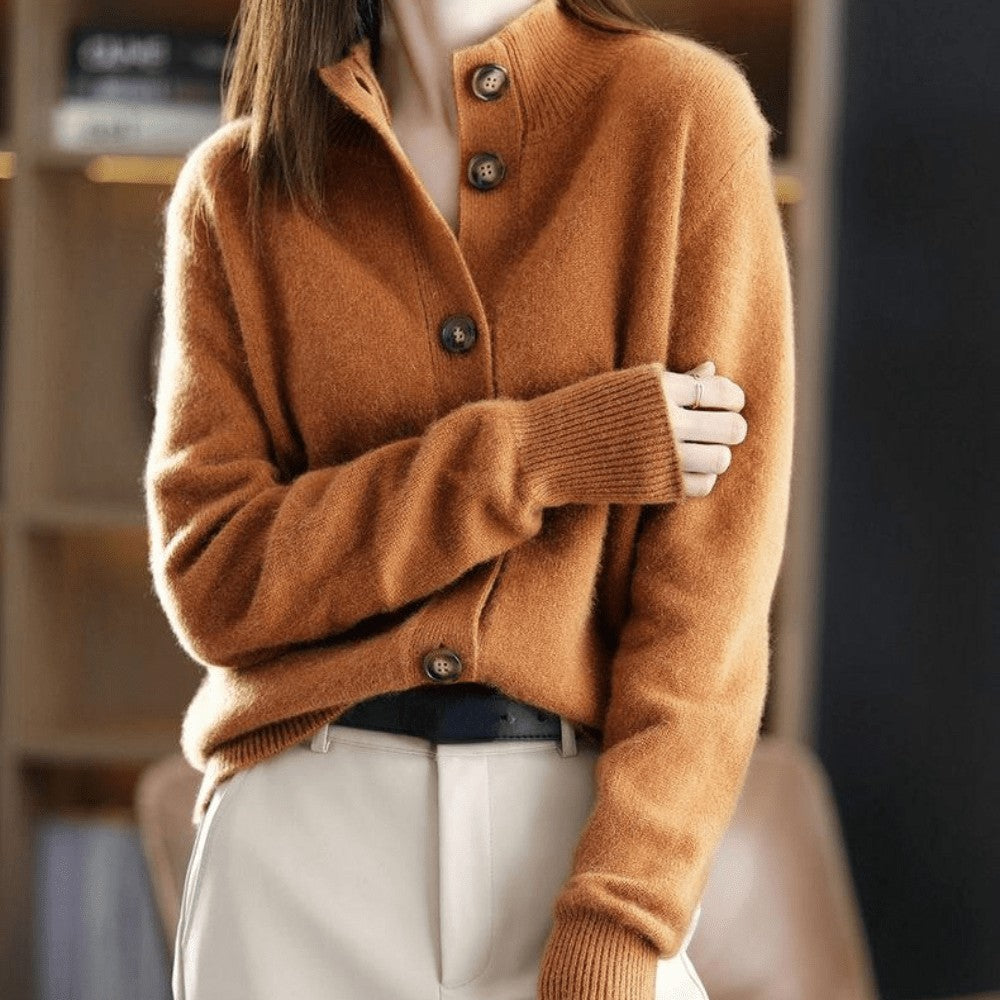 Brown mock neck button cardigan