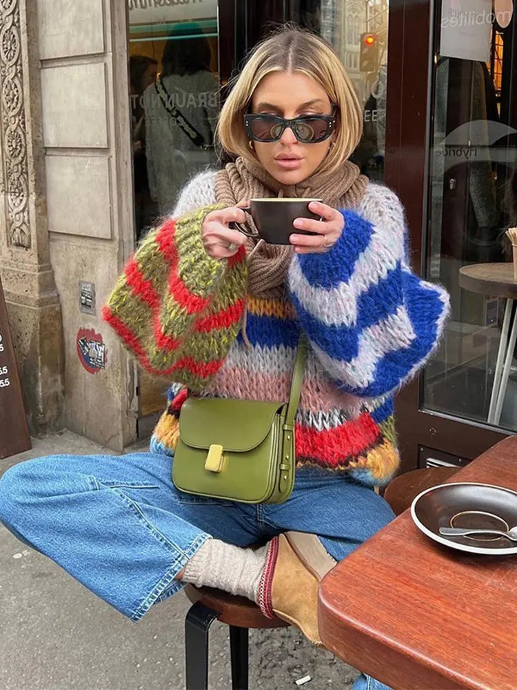Blue multicolour mohair roll neck jumper