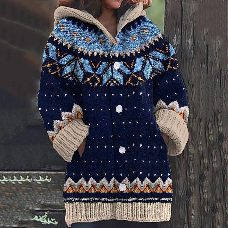 Blue nordic fair isle hooded cardigan