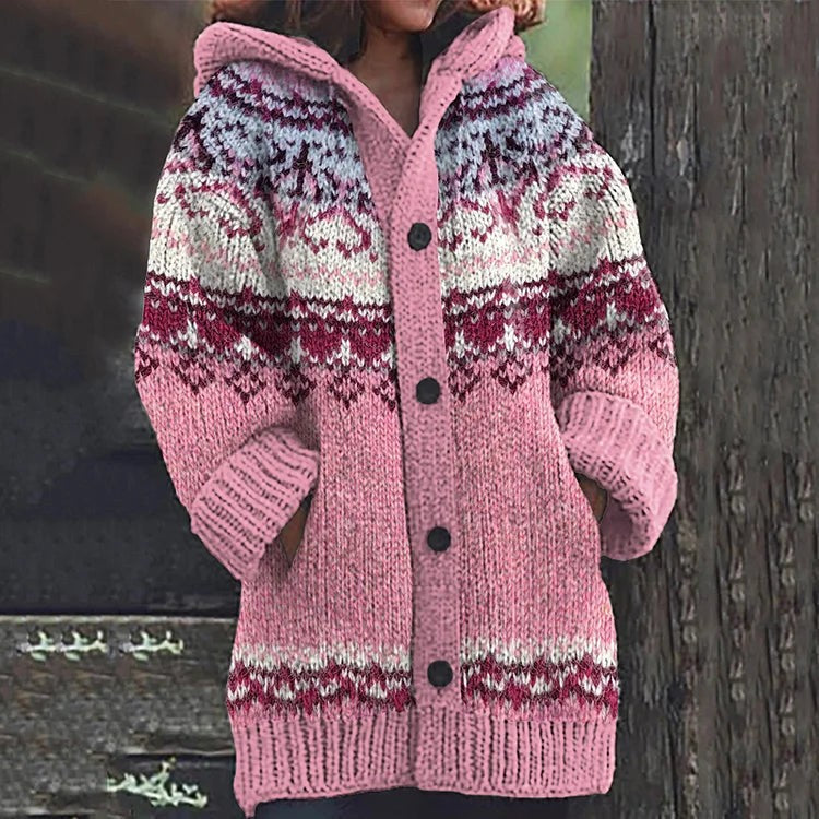 Pink nordic fair isle hooded cardigan
