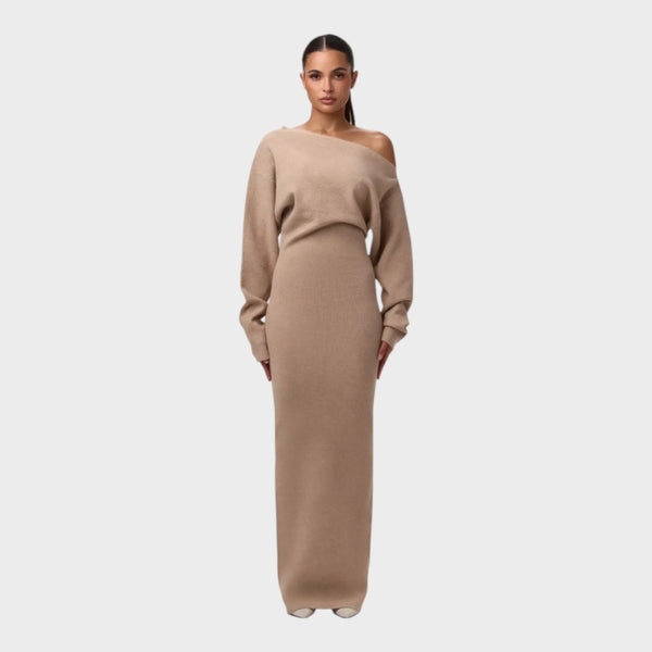 Apricot off-shoulder knit maxi dress