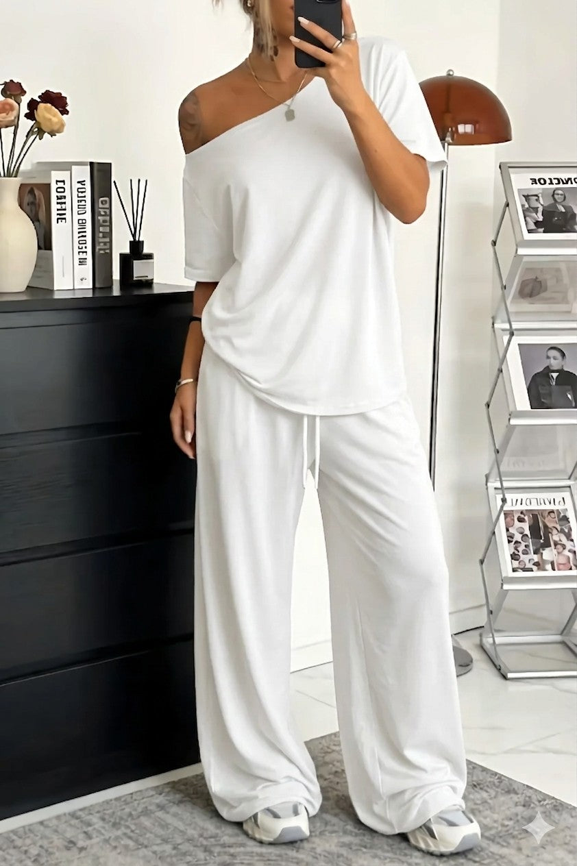 White off-shoulder loungewear co-ord