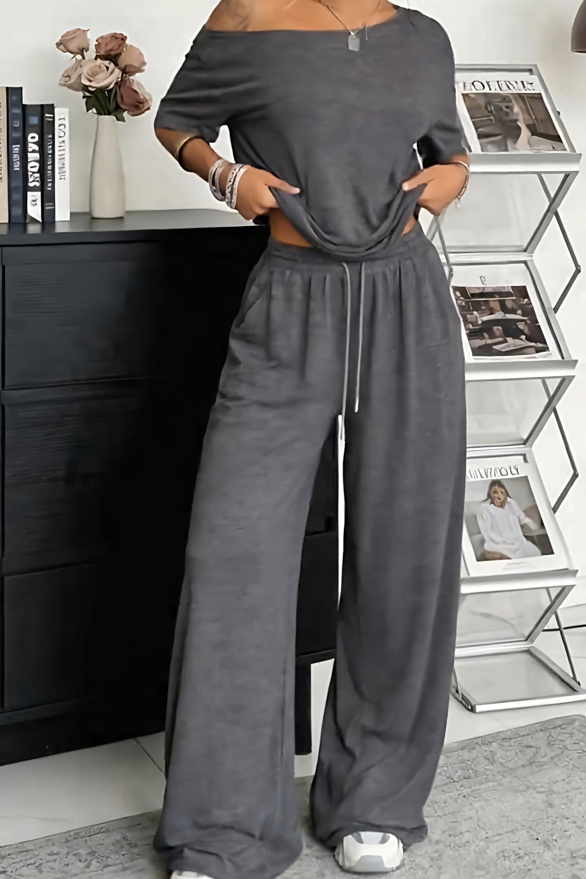 Dark Gray off-shoulder loungewear co-ord