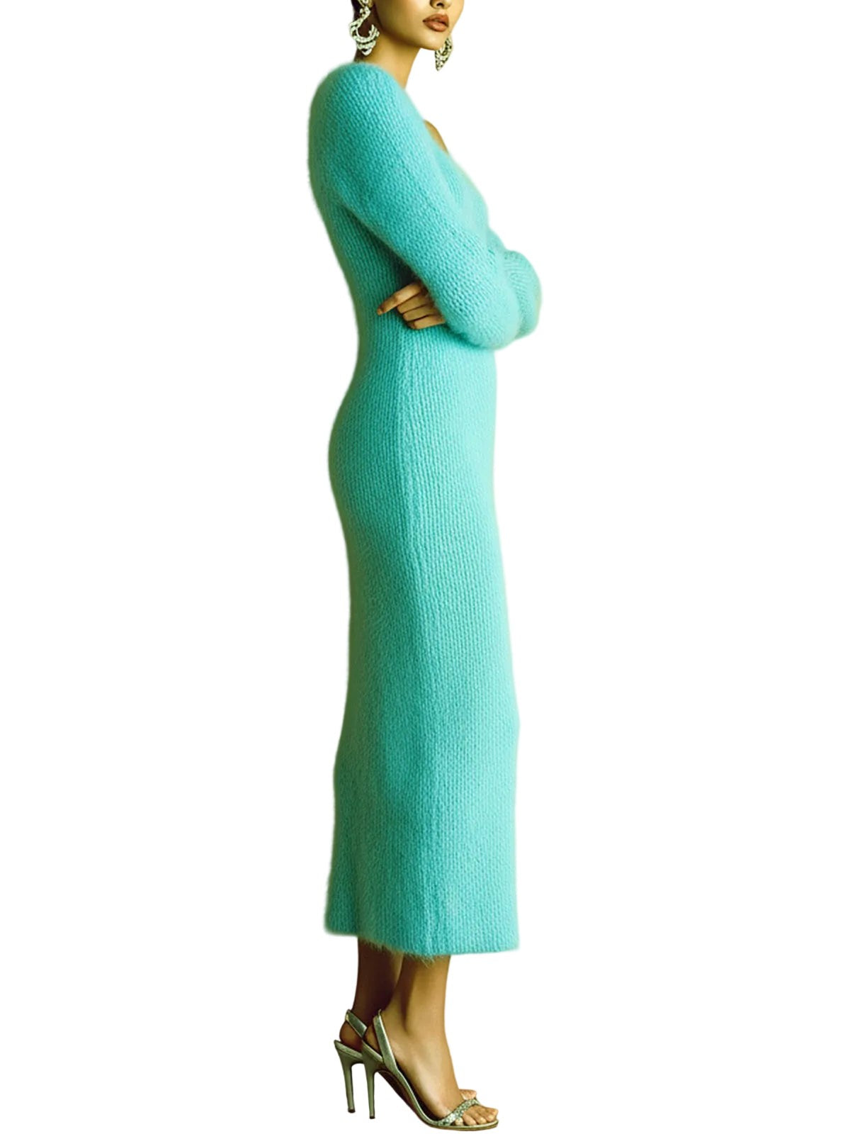 One-shoulder mohair knit maxi dress